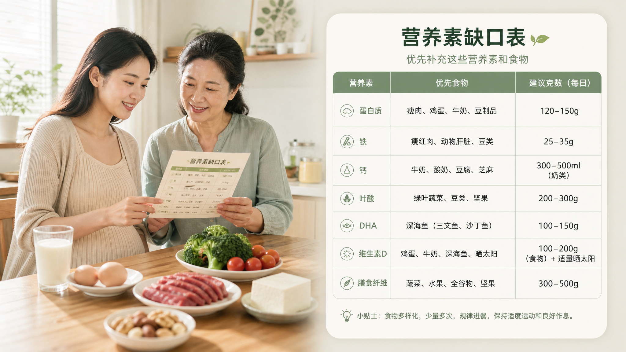 竖版信息图风格画面，中国孕妇坐在餐桌旁与中国中年妈妈（长辈）一起看一张“营养素缺口表”，桌面摆放简洁