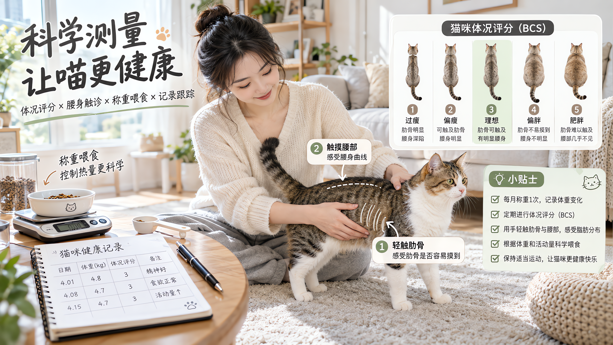中国年轻女性在明亮整洁的家中客厅地毯上,给一只中等体型的猫进行体况评分与腰身触诊示范,人物一手轻触肋