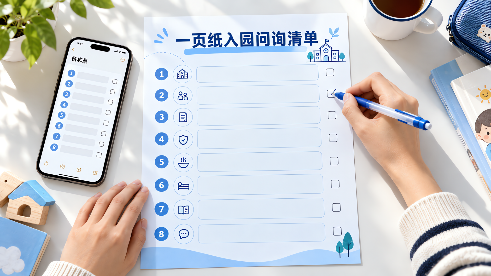 蓝白干净信息图风格的“一页纸入园问询清单”长图海报,画面为俯拍桌面场景:整洁的浅色桌面上放着一张A4