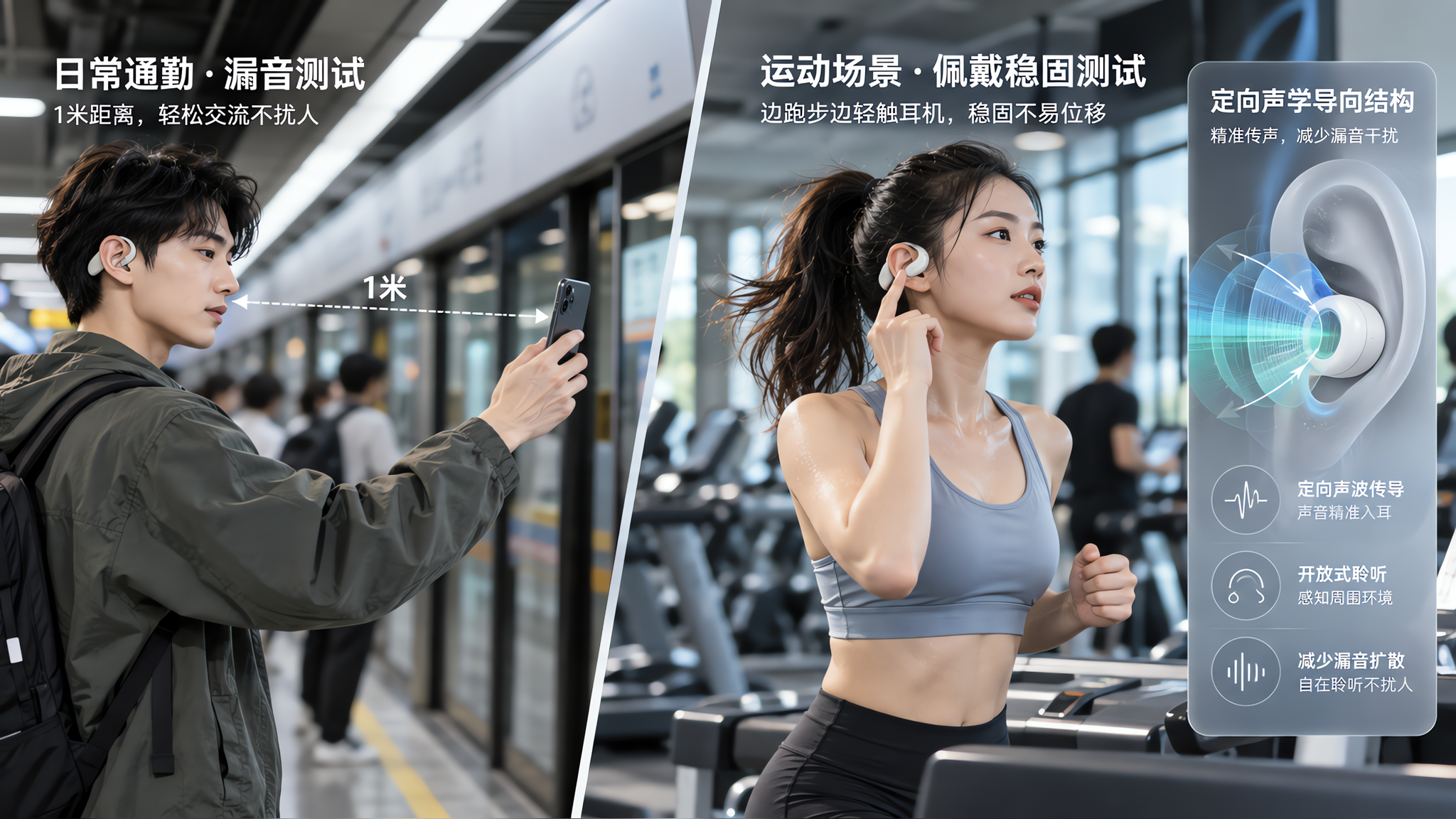 中国年轻人潮流生活方式场景,在明亮的城市通勤与运动环境中进行开放式耳机测试;人物为中国年轻男性与女性