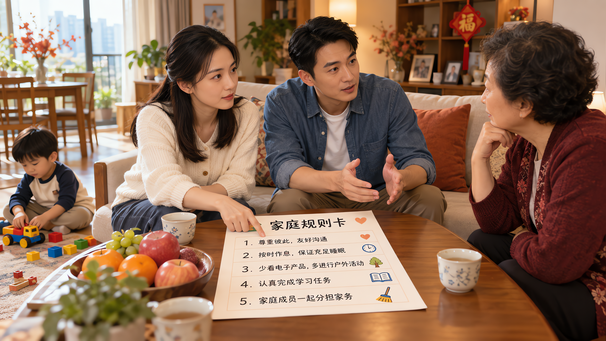 中国家庭客厅场景，国庆家庭聚会氛围但画面克制不拥挤，中国年轻妈妈与中国年轻爸爸坐在沙发一侧，面对一位
