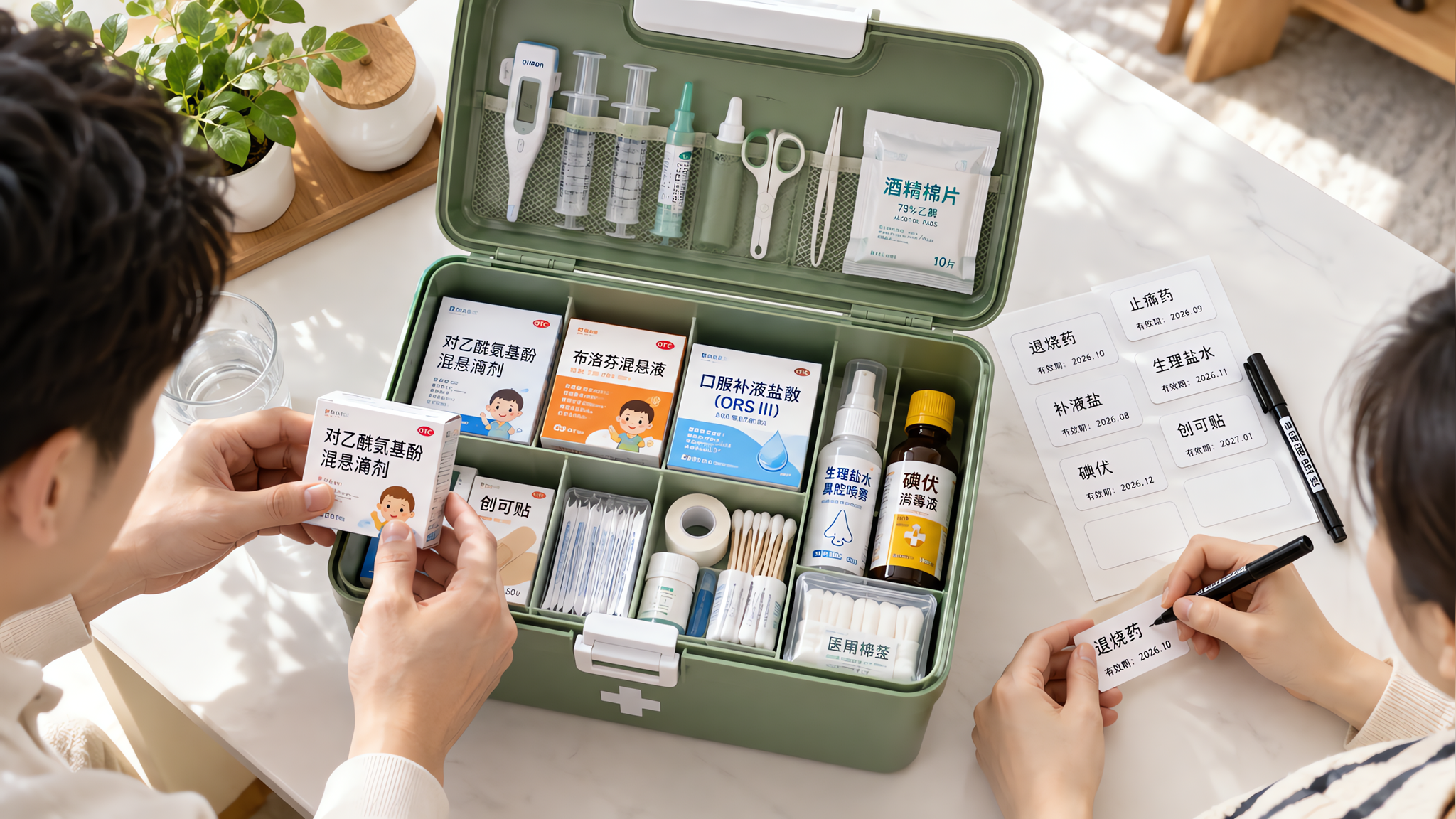 场景为中国家庭的明亮餐桌或玄关柜台，上方俯拍构图，一只打开的绿色极简家庭小药箱整齐分区摆放，旁边有白