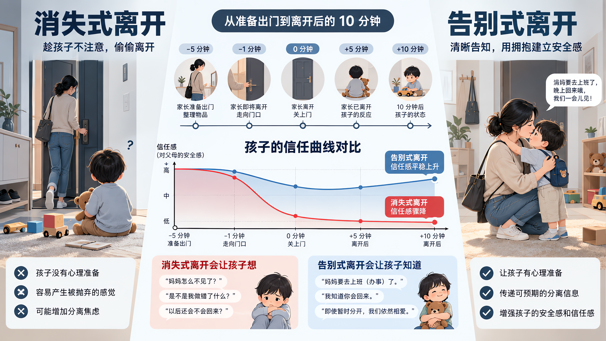 冷峻心理学信息图表风格的对比海报，画面左右分栏：左侧“消失式离开”，右侧“告别式离开”，中间用时间轴