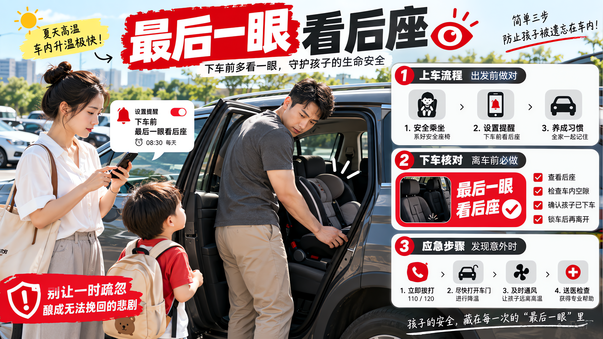 高温天别赌记性：下车“看后座”流程全家照做