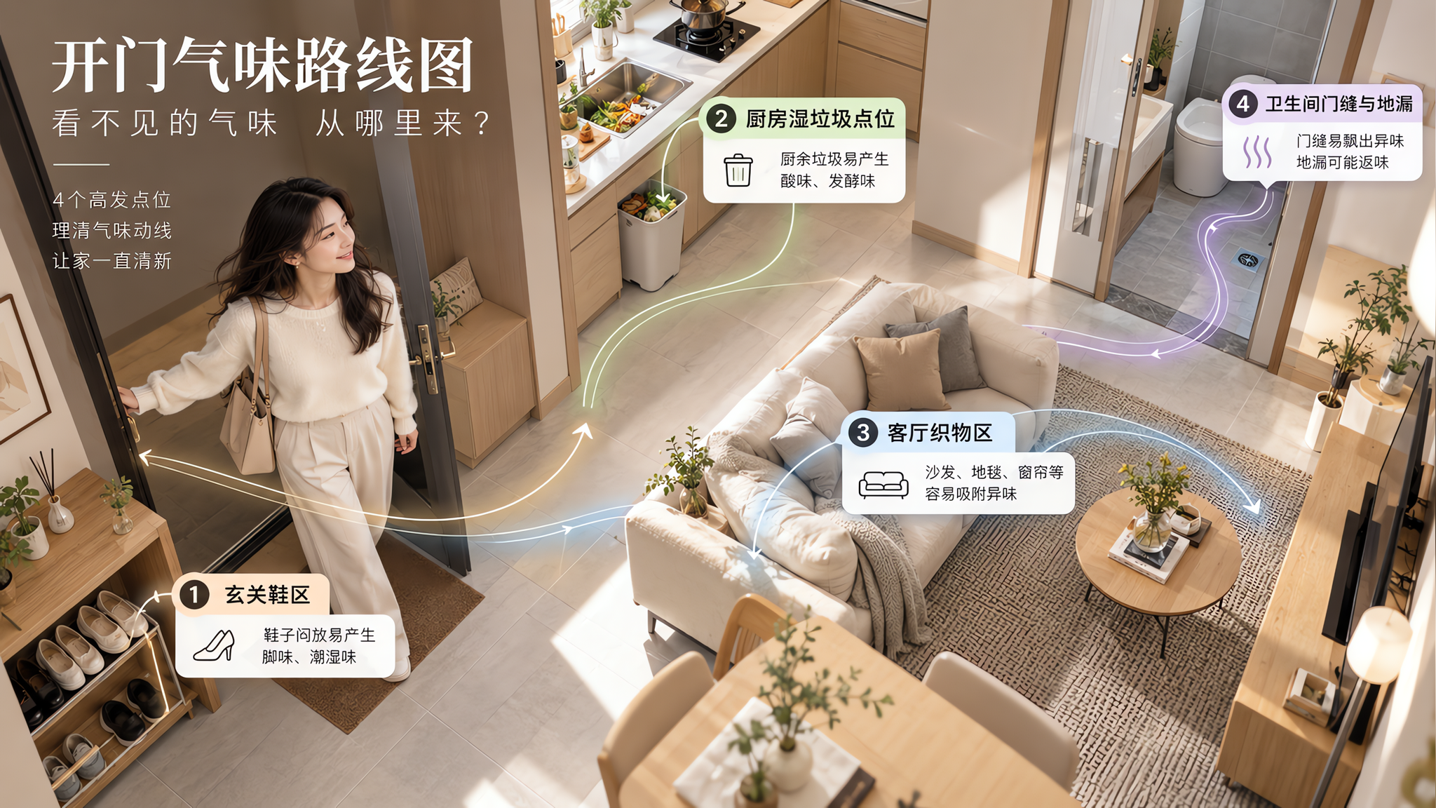 中国年轻女性独居者站在小户型公寓门口,手扶门把手刚打开门,画面以“开门气味路线图”概念呈现:玄关鞋区
