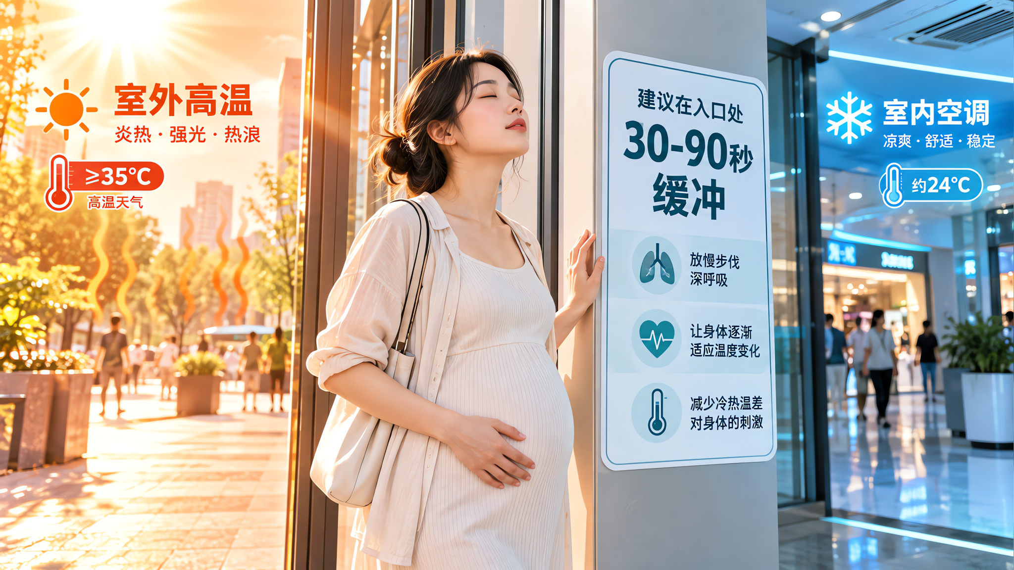 中国商场入口过渡区场景，画面左右形成冷暖色调对比：左侧为室外夏日高温强光与热浪感，右侧为室内空调冷光
