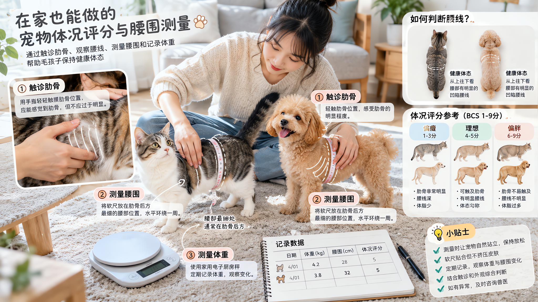 中国年轻女性在明亮整洁的家庭客厅地毯上,给一只家养猫和一只小型犬做体况评分与腰围测量示范,人物一手轻