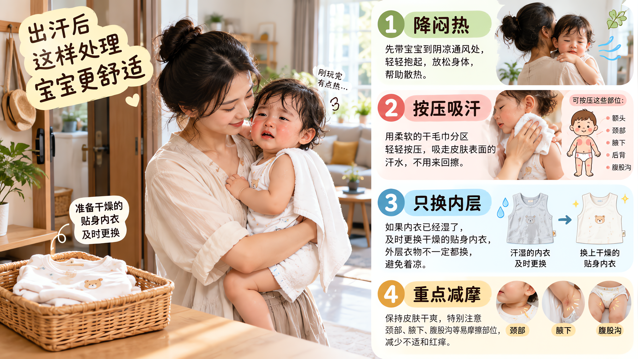 宝宝出汗后刺痒黏腻？4步舒适处理法
