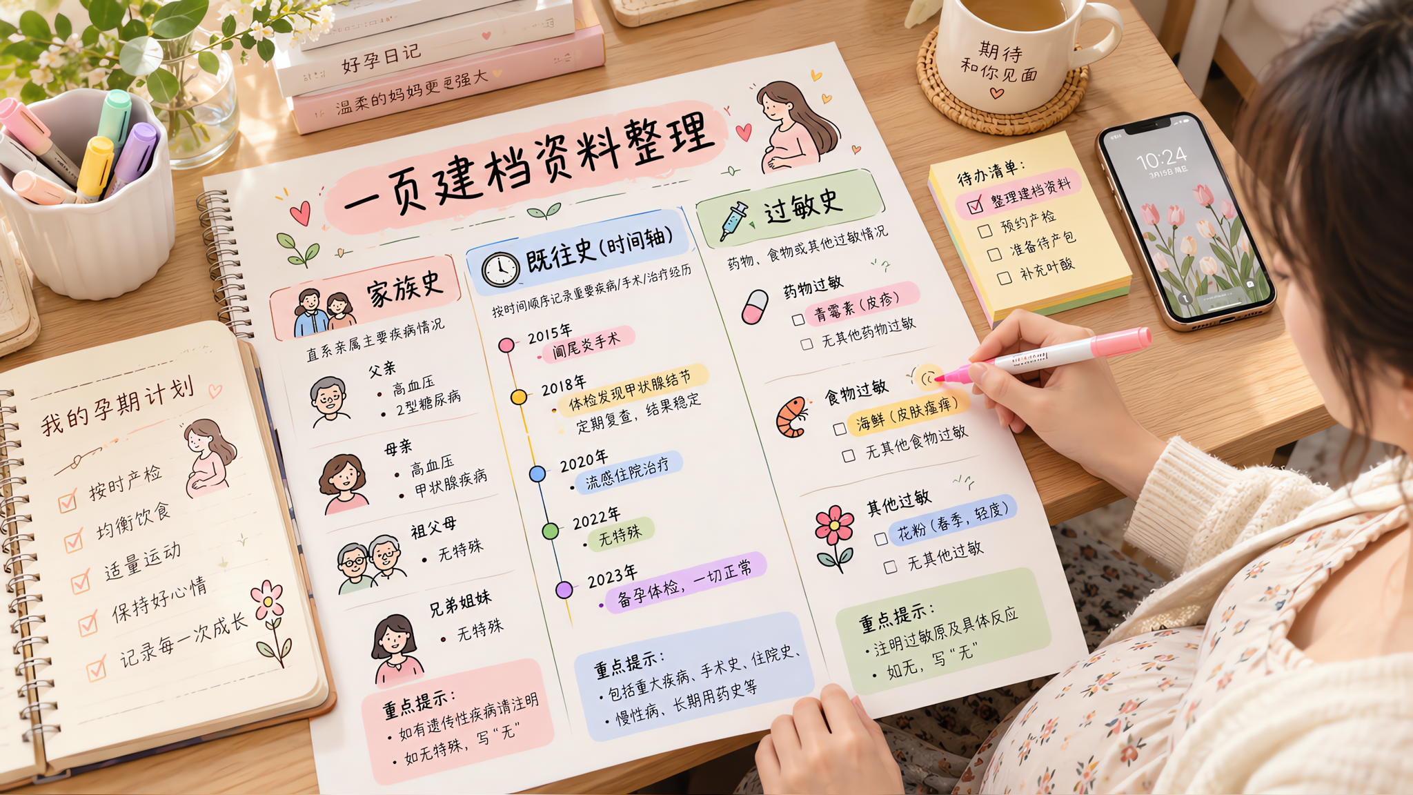 场景为温暖明亮的家中书桌，桌面整洁，有一本打开的手账本和一张“一页建档资料整理”信息图模板（分为家族