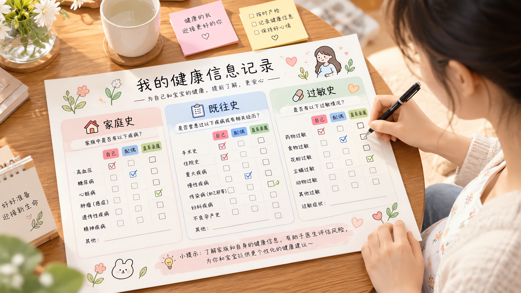 场景为明亮整洁的家中餐桌，桌面有一张手账风一页信息图模板纸张，展示三栏内容“家庭史/既往史/过敏史”