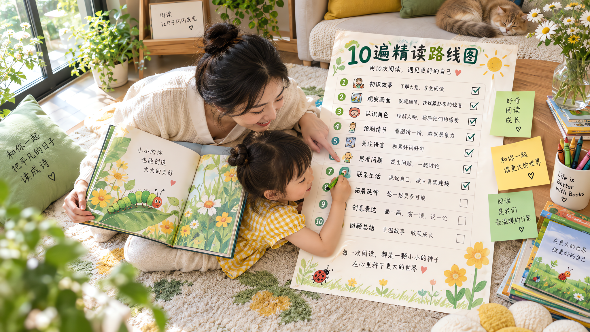 中国年轻妈妈与中国幼儿在明亮的家中客厅地毯上共读绘本，旁边放着一张“10遍精读路线图”海报式清单（每