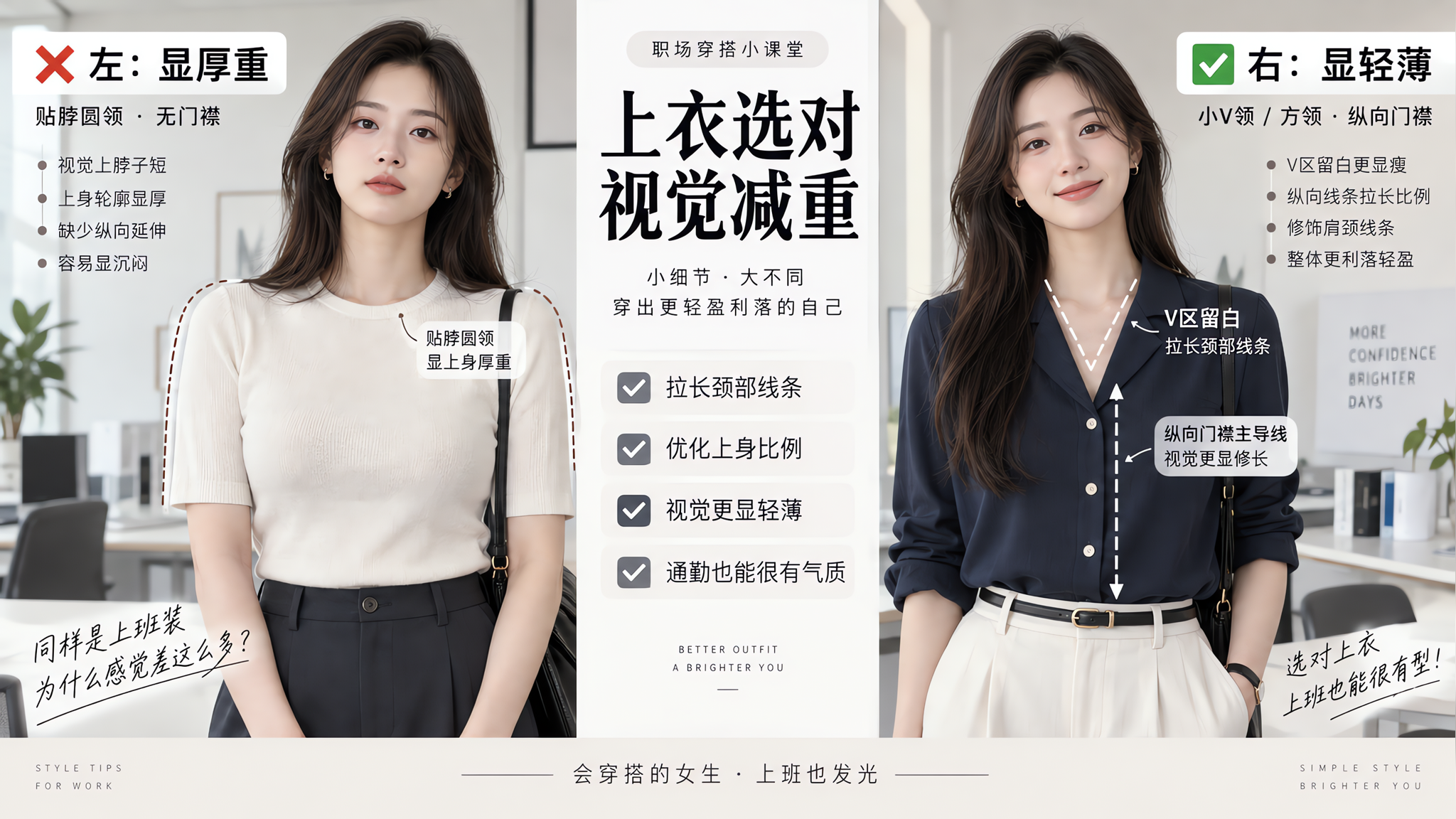 上身厚别再买更宽松：V区留白+纵向门襟才显瘦