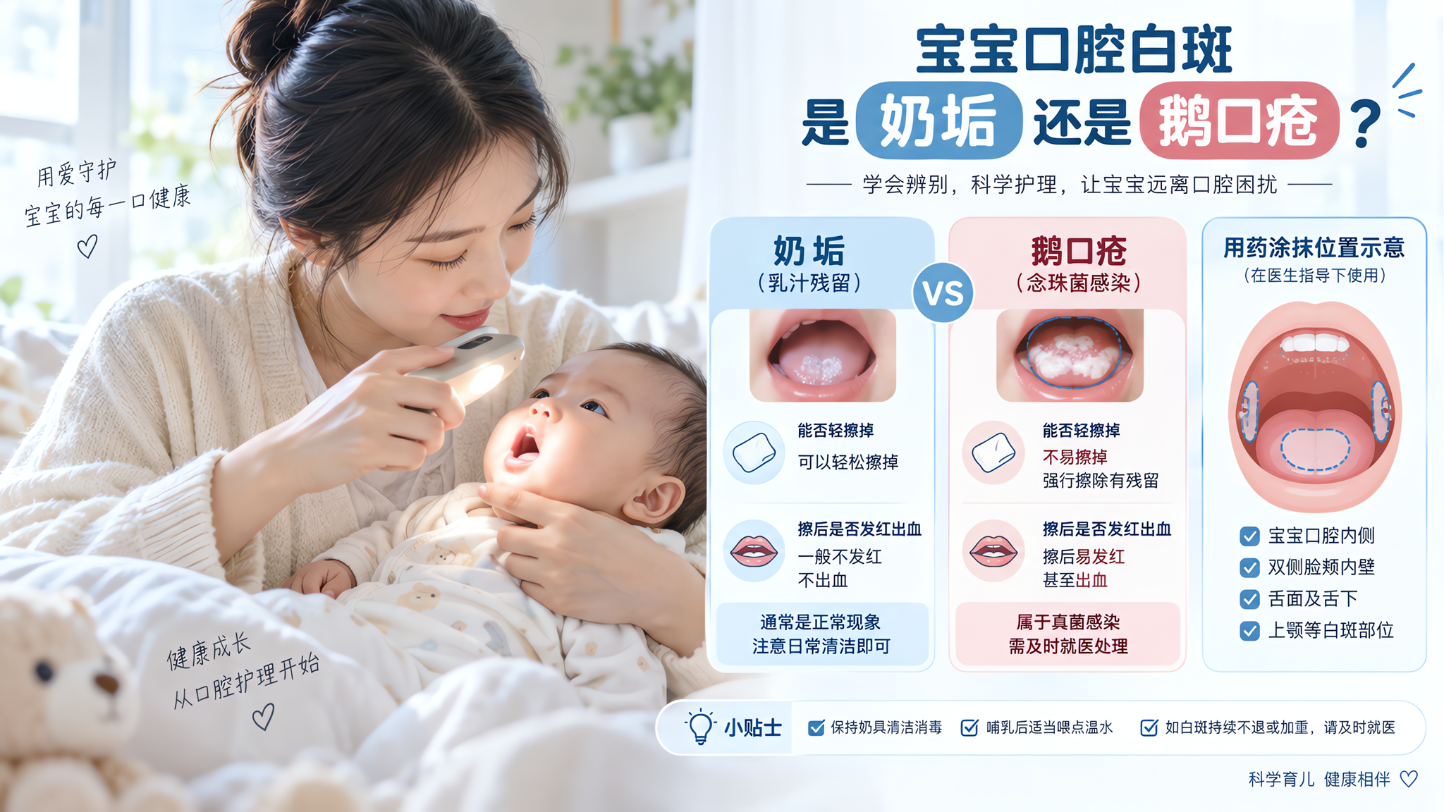 宝宝口腔白膜擦不掉？先分清奶垢还是鹅口疮