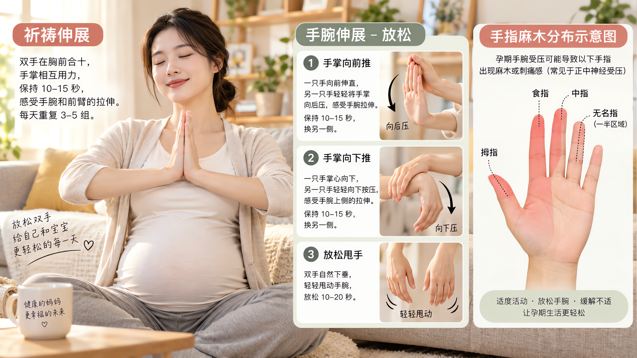 孕期手麻到半夜醒？3个神经滑动动作+中立位护腕