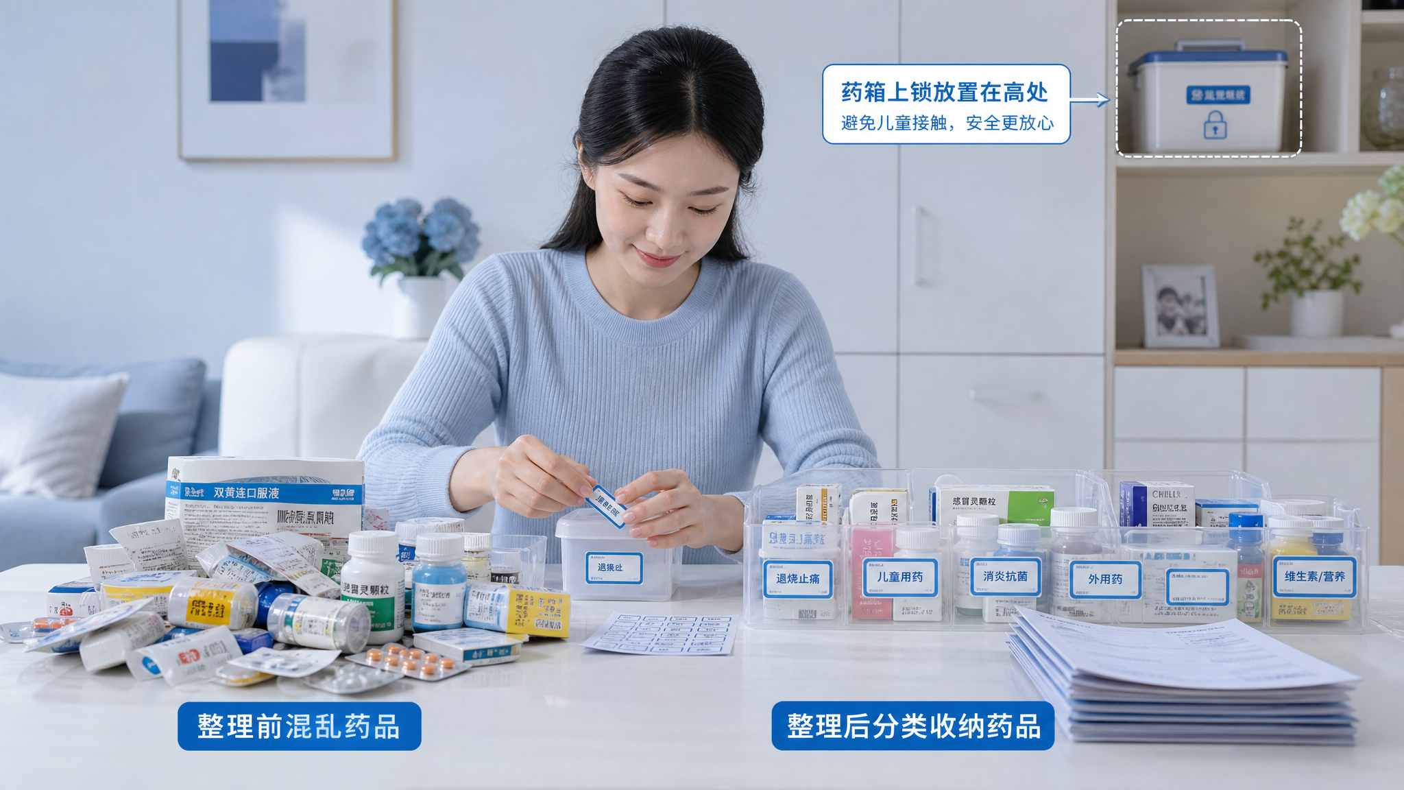 中国年轻妈妈在家中整洁的餐桌前整理家庭药箱,桌面上摆放“整理前混乱药品”和“整理后分类收纳药品”的前