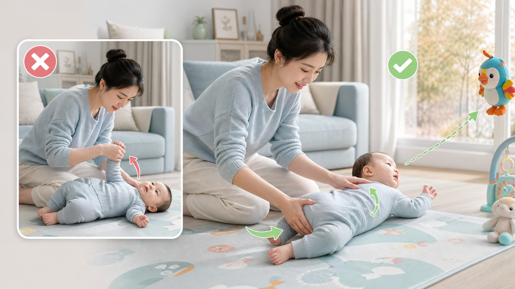 秋分后翻身总卡住？别拽手臂，3步无感引导更快学会