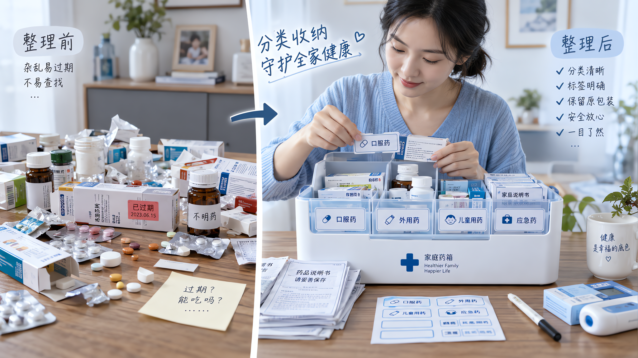 中国年轻妈妈在家中餐边柜旁整理家庭药箱,对比式构图:左侧为凌乱的药品散放(有过期标识贴纸、拆零药片、