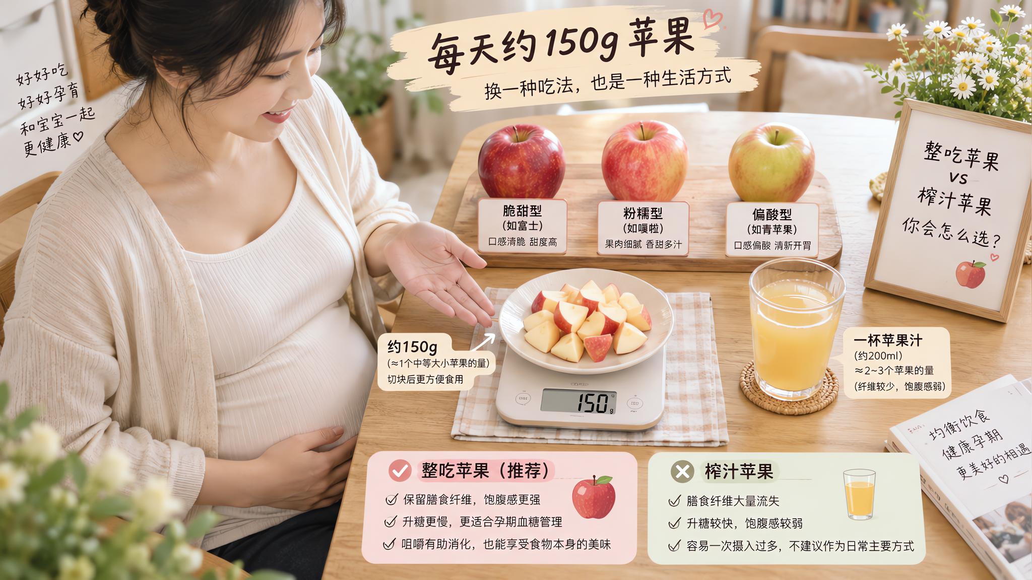 中国年轻孕妈在家中明亮整洁的餐桌旁，桌上摆放3种不同苹果（脆、粉、偏酸各一），孕妈用手掌比划苹果切块