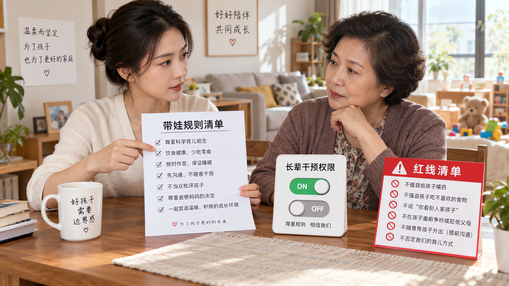 中国年轻妈妈在家中餐桌旁，面前放着一张“带娃规则清单”纸张，旁边有一个明显的“权限开关 ON/OFF