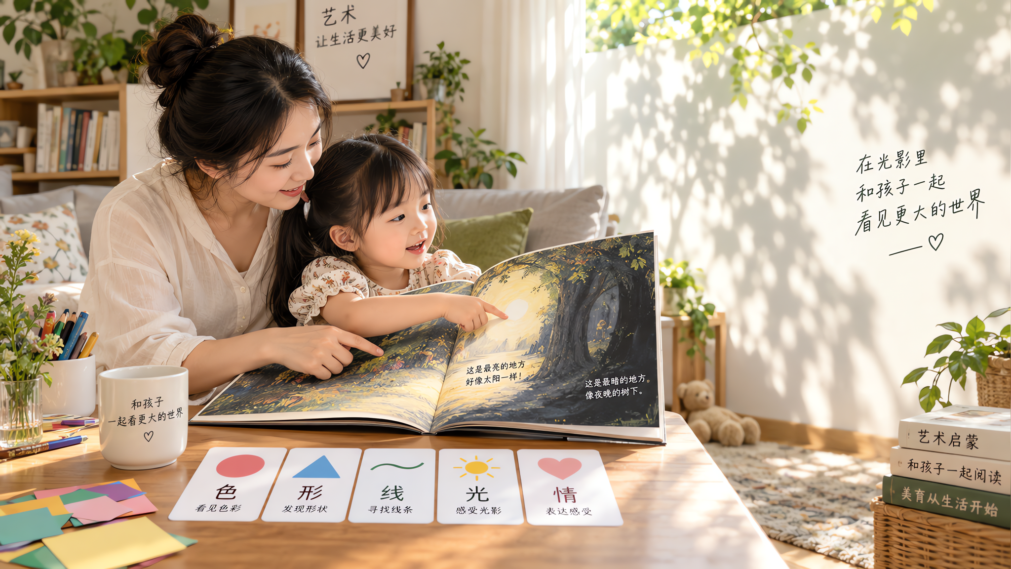 中国年轻妈妈与中国3-6岁幼儿在家中客厅一起深读艺术绘本，旁边的白墙上有初夏树影光斑投射，孩子用手指