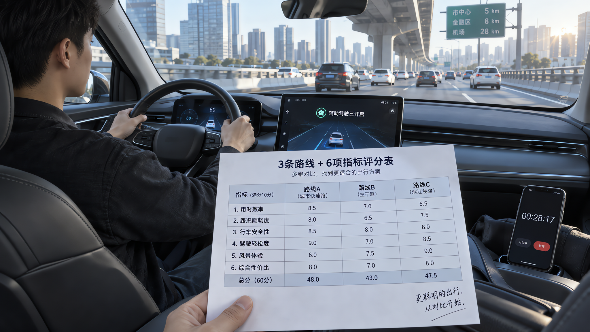 中国城市早高峰高架道路场景,一位中国年轻男性驾驶员坐在驾驶位,双手稳握方向盘,目视前方,车内中控屏显