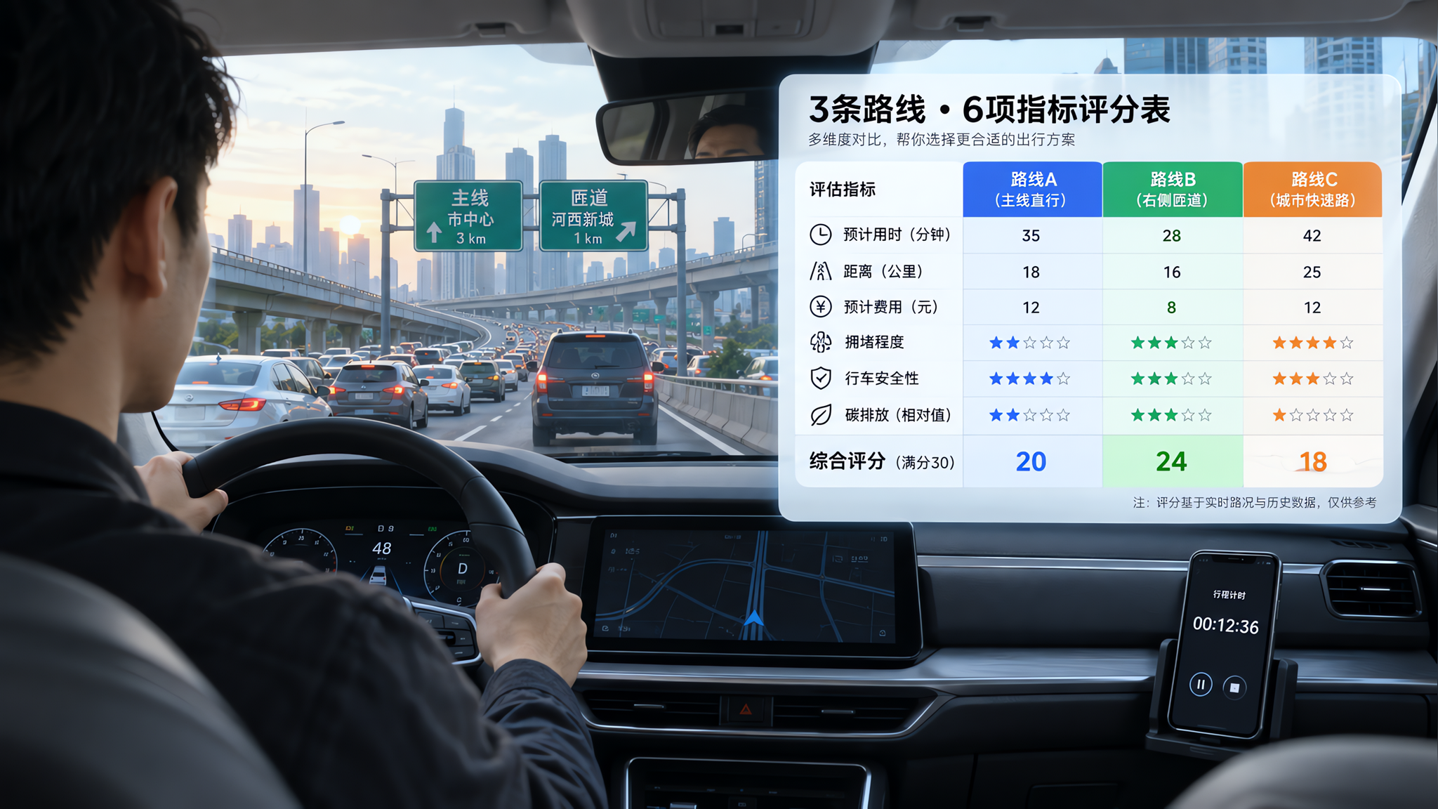 中国城市早高峰高架道路场景,一位中国30岁左右男性司机坐在驾驶位,双手规范握方向盘,副驾位置放着手机