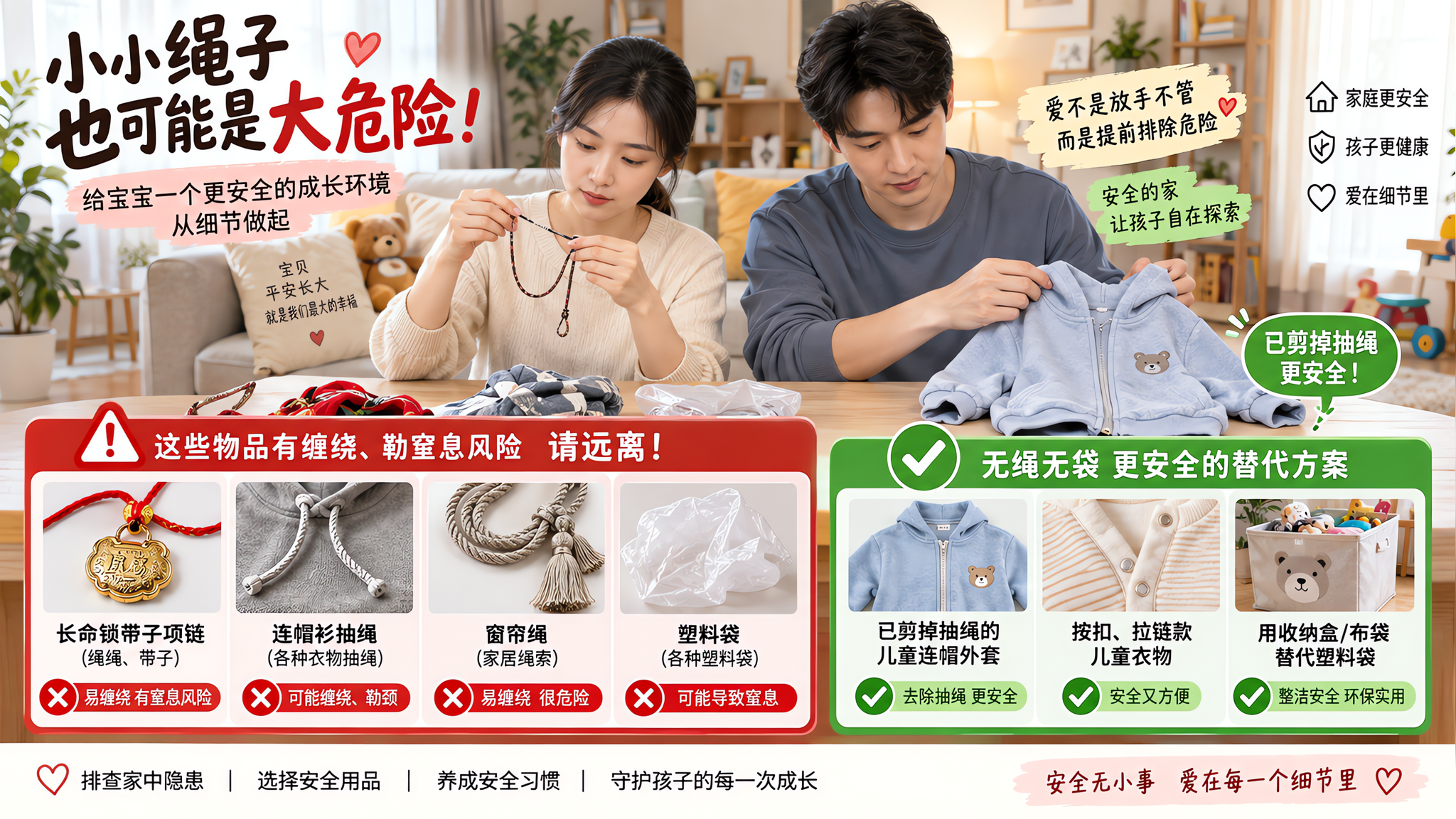 1-3岁最易被忽视的4个勒颈窒息雷：长命锁、连帽绳、窗帘绳、塑料袋