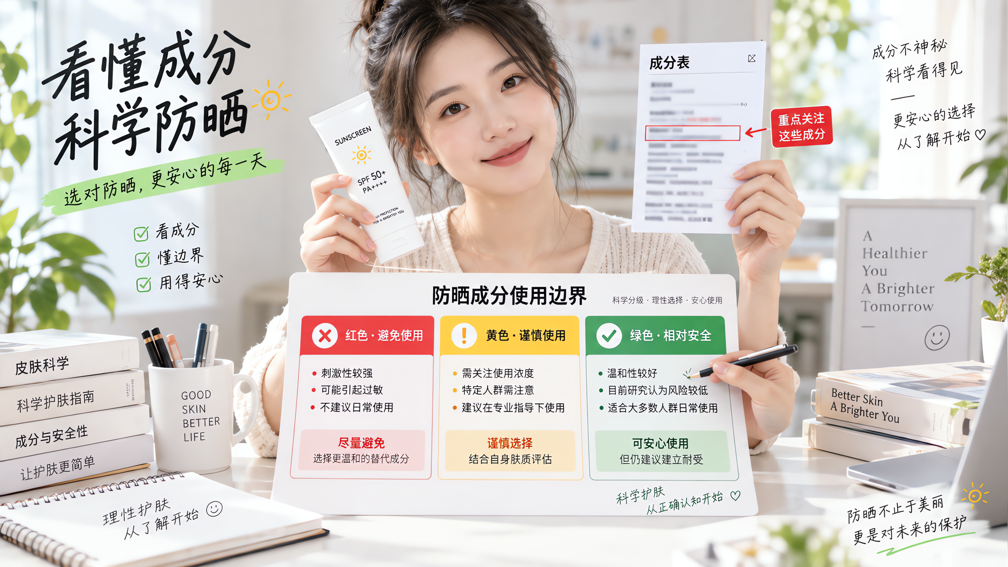竖版海报构图,干净高级的科普风场景:一位中国年轻女性坐在明亮书桌前,手里拿着一瓶防晒和一张成分表标签