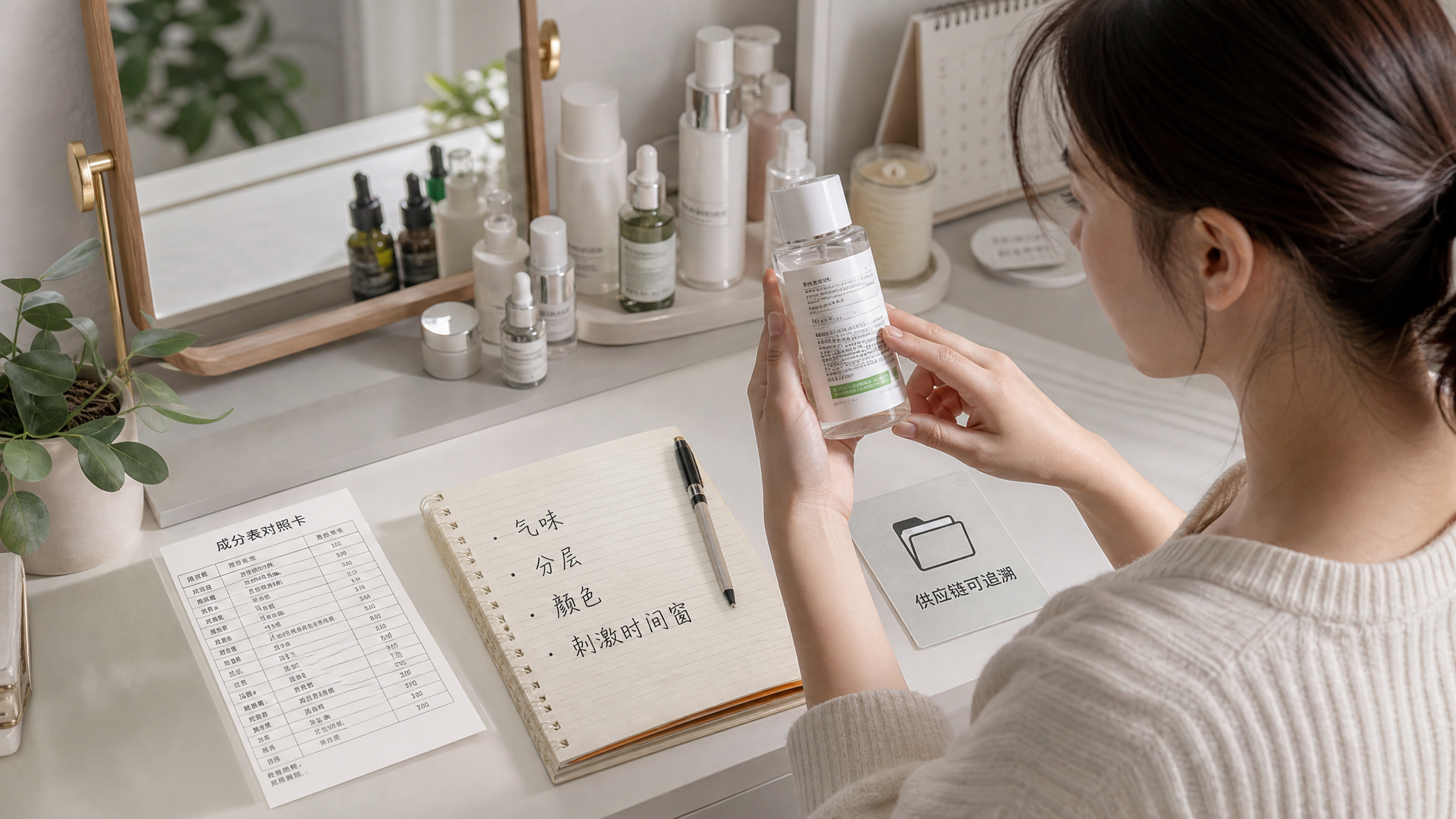中国年轻女性在家中明亮干净的梳妆台前做护肤品“稳定性观察记录”,人物手拿一瓶护肤品对着标签查看批次信