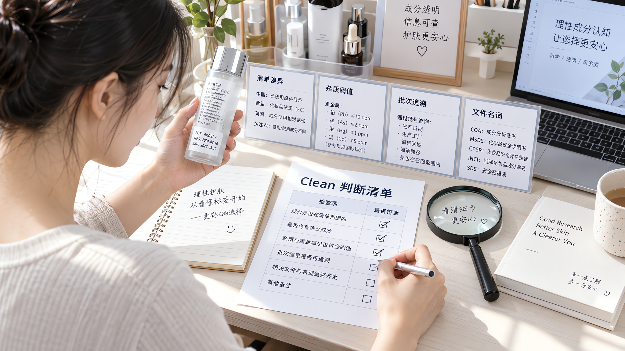 场景为明亮的书桌与化妆台结合的居家环境,中国年轻女性坐在桌前,一手拿着化妆品瓶身查看批号与标签信息,