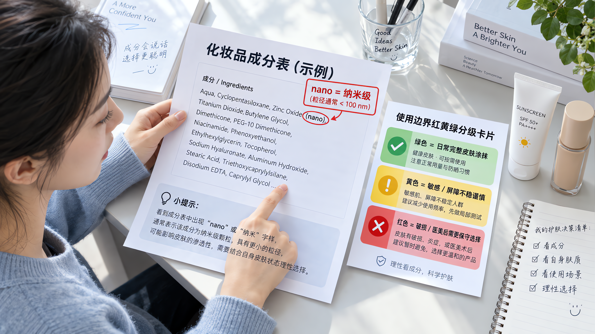 现代明亮的室内桌面场景,中国年轻女性在自然光下用手指指向一张“化妆品成分表标签截图风格”的纸张,上面