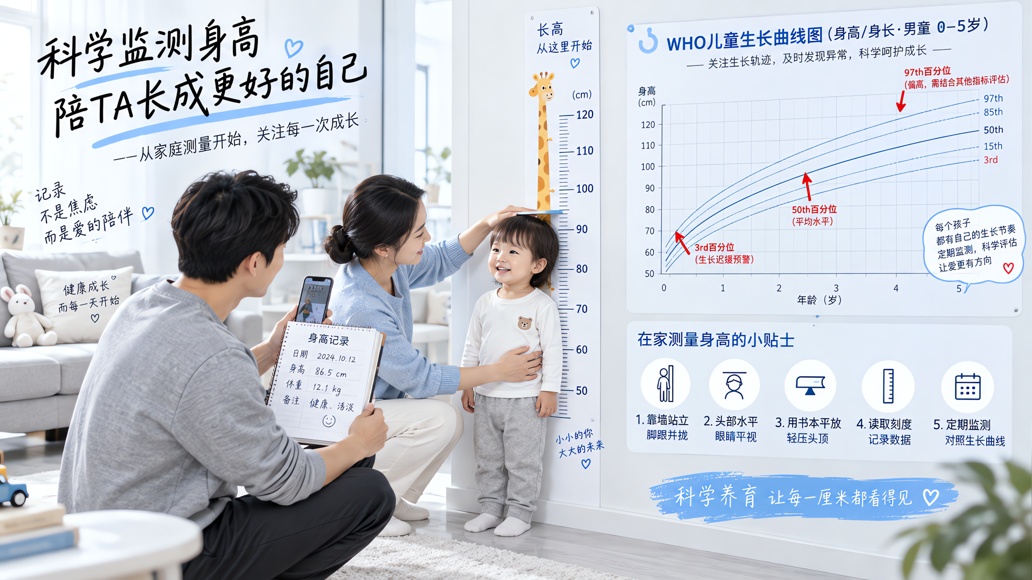 冷白色诊室风场景，中国年轻妈妈和中国爸爸带着1-3岁中国幼儿在家中靠墙测量身高，墙上贴着简洁的身高尺