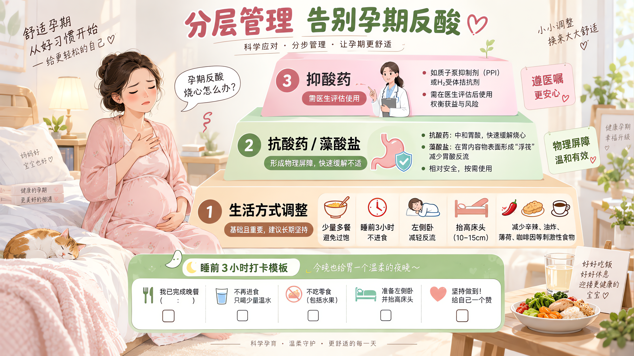 竖版信息图风格插画，温和浅色系（米白、浅粉、浅绿），场景为干净明亮的卧室与餐桌元素的组合画面；中国孕