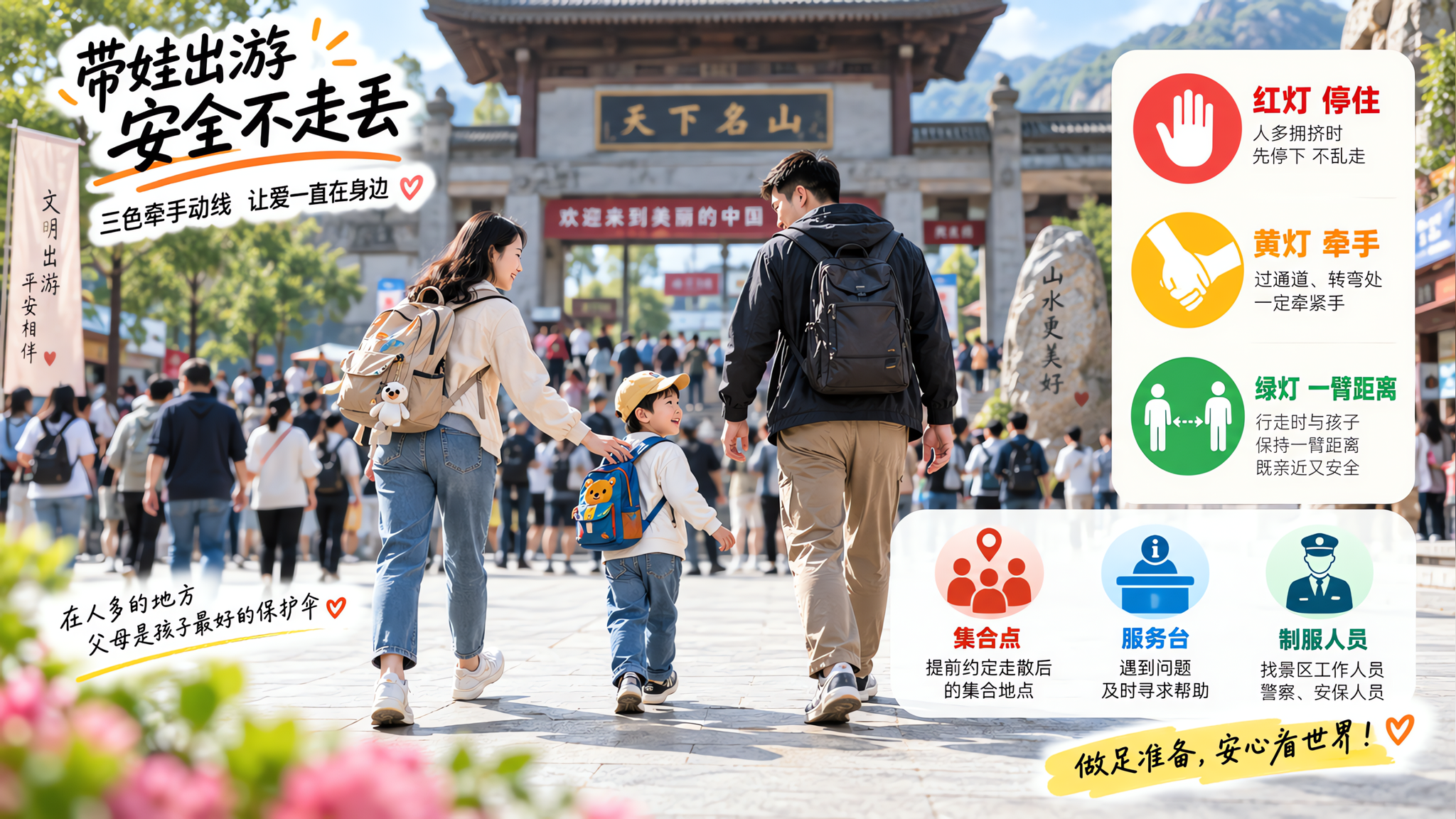 国庆带娃防走失：红黄绿牵手+坐标确认法