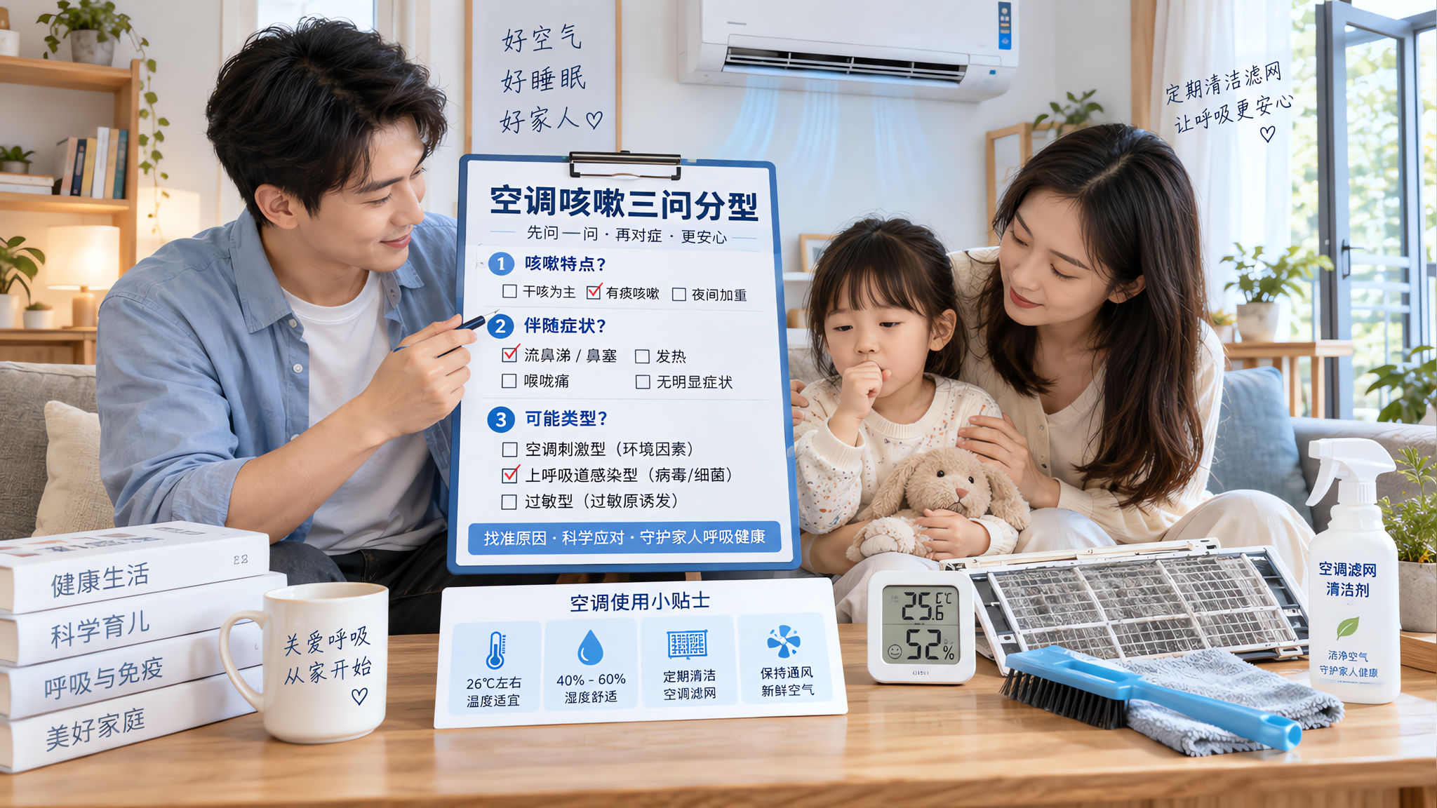 中国年轻父母在家中客厅的沙发旁，爸爸手拿“空调咳嗽三问分型”打钩清单，妈妈在旁边照看一位中国学龄前儿