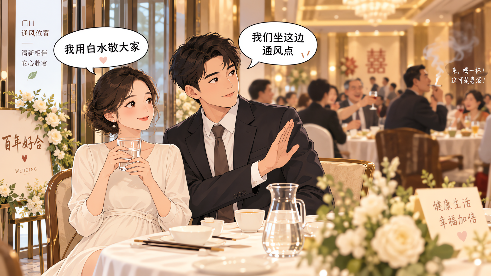 中国婚礼宴会厅场景，暖金与清爽白为主色调；一位中国孕早期女性（穿简洁得体连衣裙，肚子不明显）与伴侣坐
