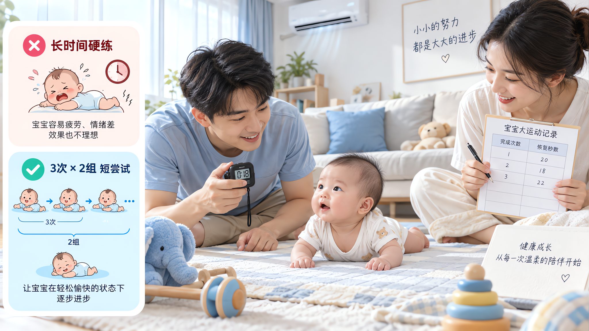 天热别让宝宝一直躺：3次×2组看进步