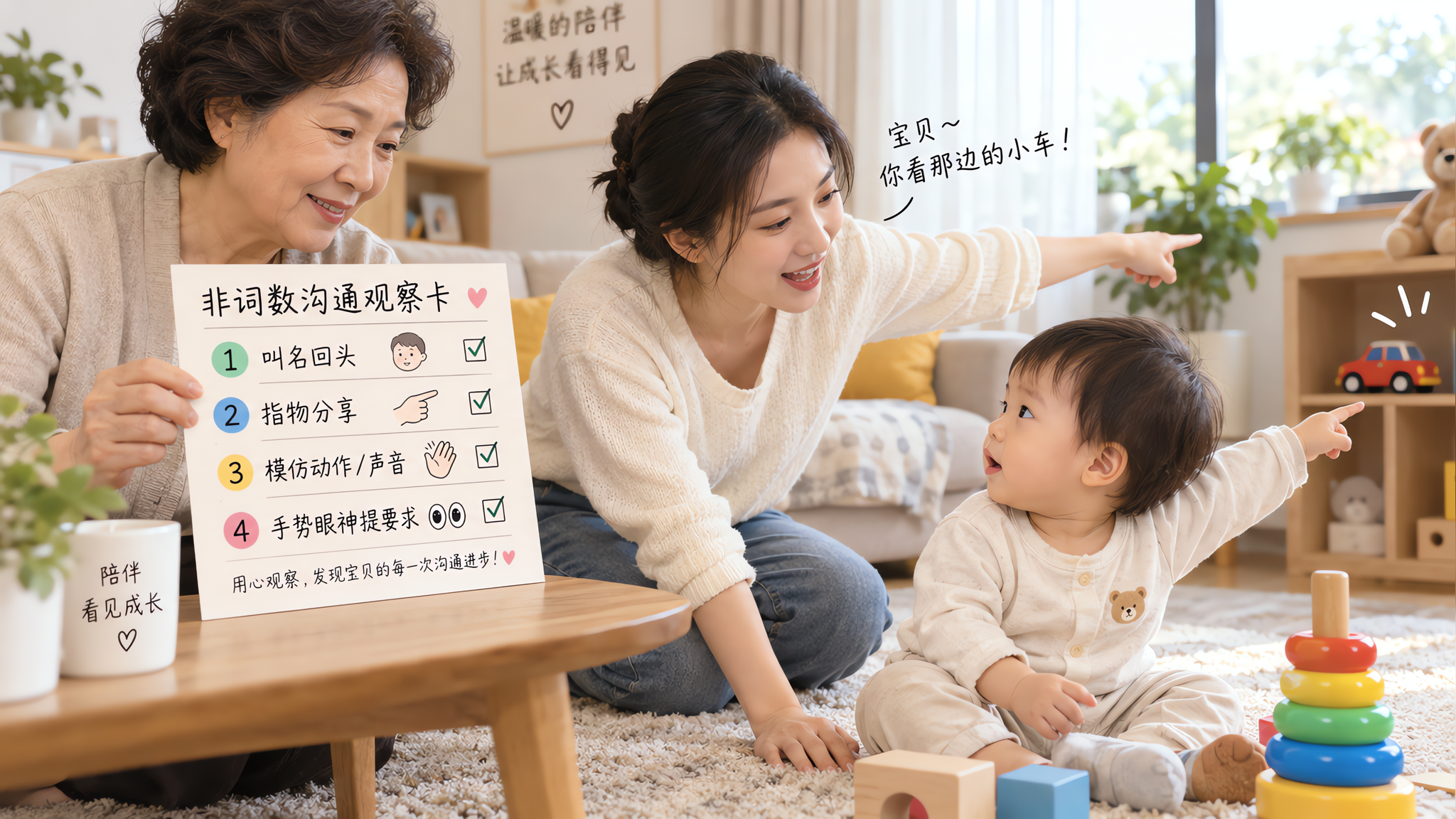 场景为中国家庭明亮客厅，桌上放着一张清晰可读的“非词数沟通观察卡”手写风格卡片（包含4个检查项：叫名