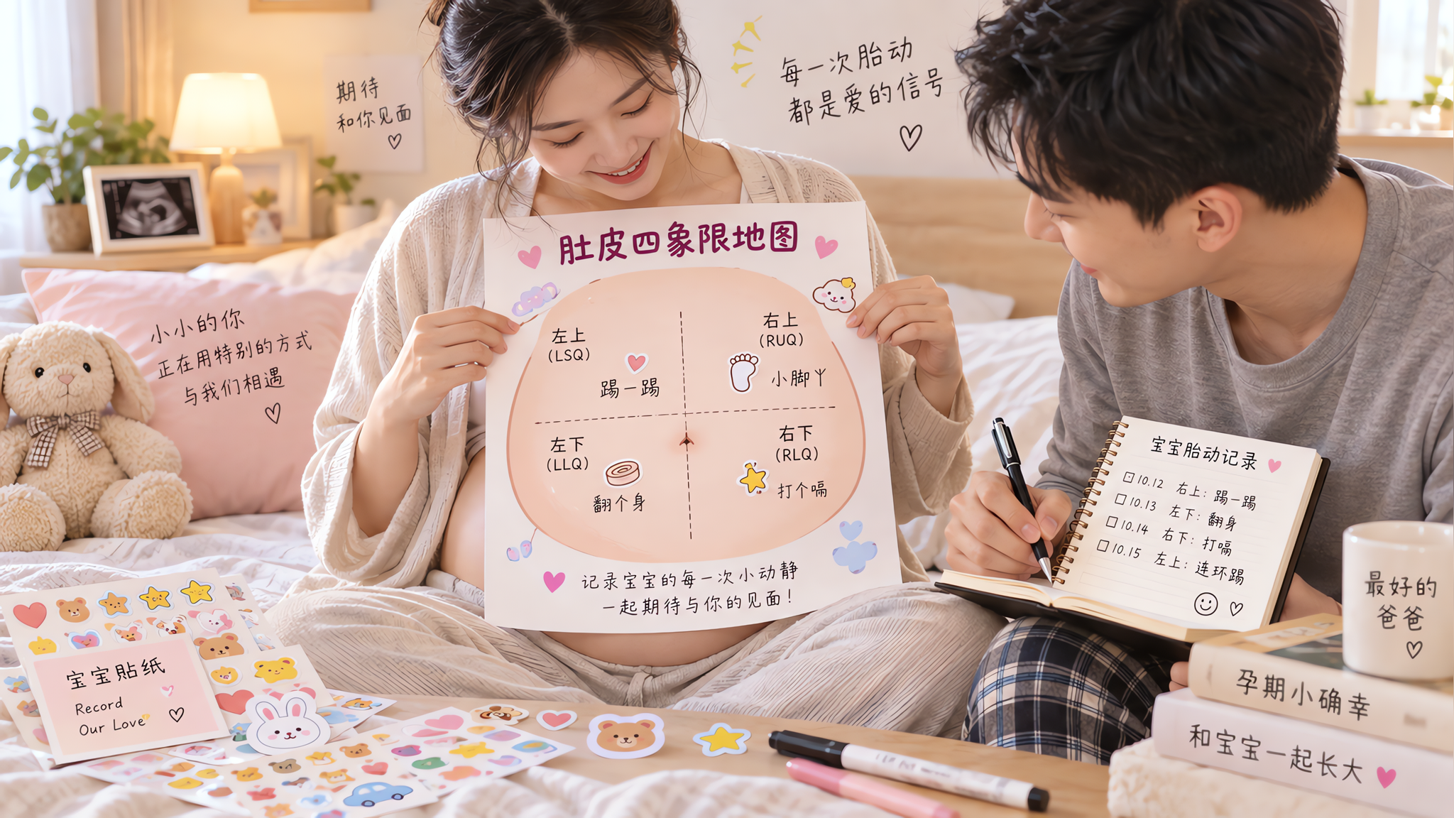 竖版构图，明亮温馨的卧室环境，一位中国孕妈坐在床边或沙发上，穿简洁家居服，微笑低头看着肚子，双手拿着