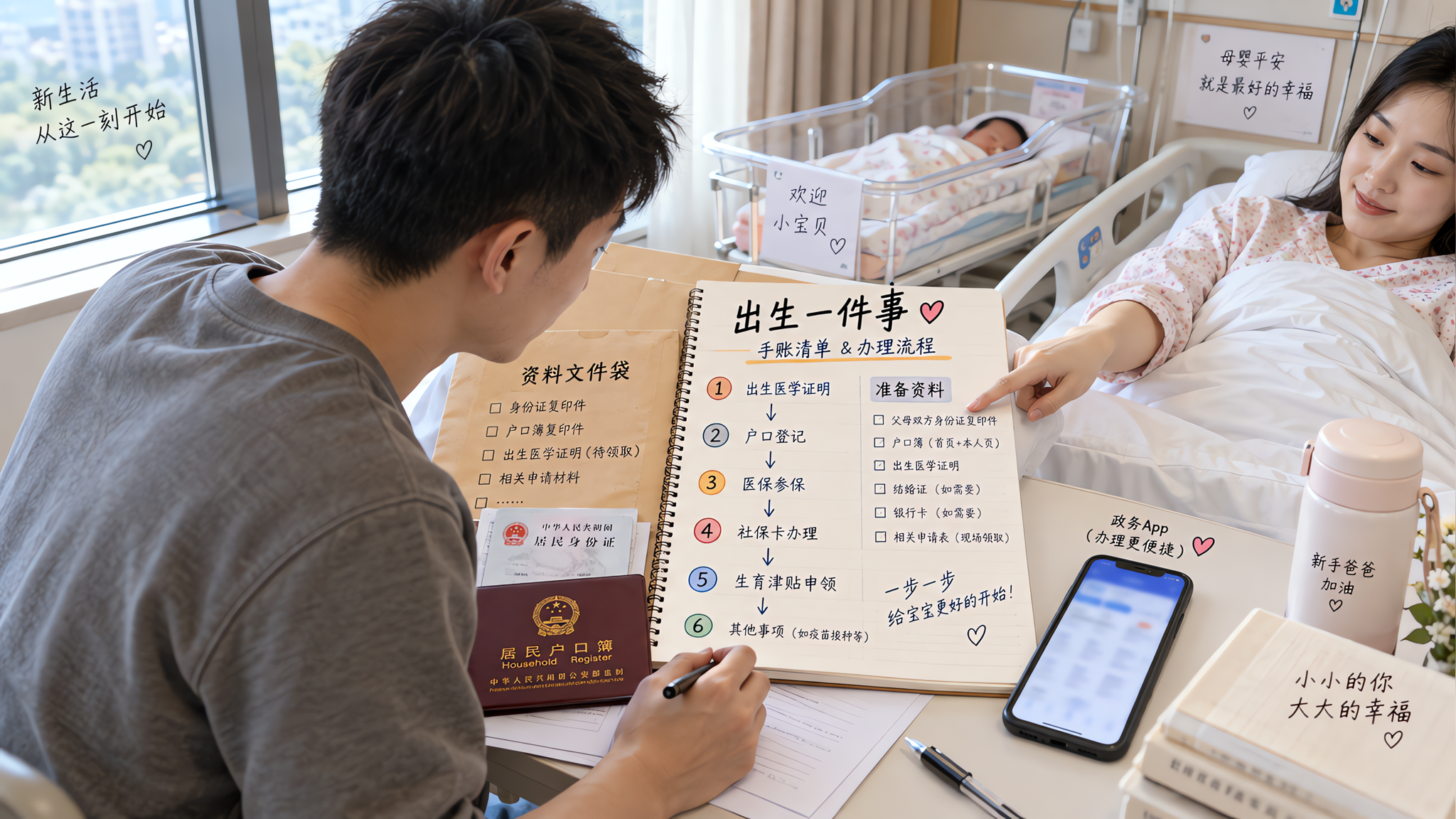 中国年轻新手爸爸在医院病房的窗边桌上整理“出生一件事”手账清单与流程箭头图，桌面有文件袋、身份证复印