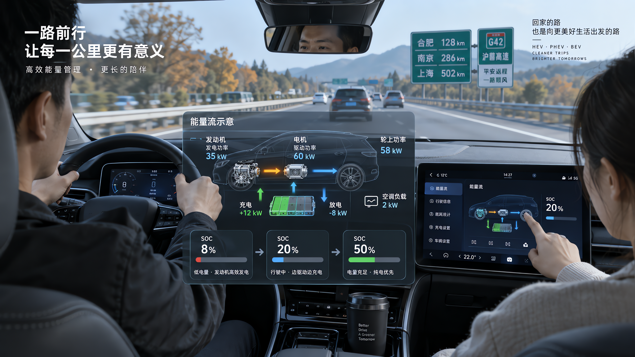 中国家庭用车在高速公路上行驶的真实场景，一位中国男性驾驶员双手握方向盘专注驾驶，副驾驶中国女性在中控