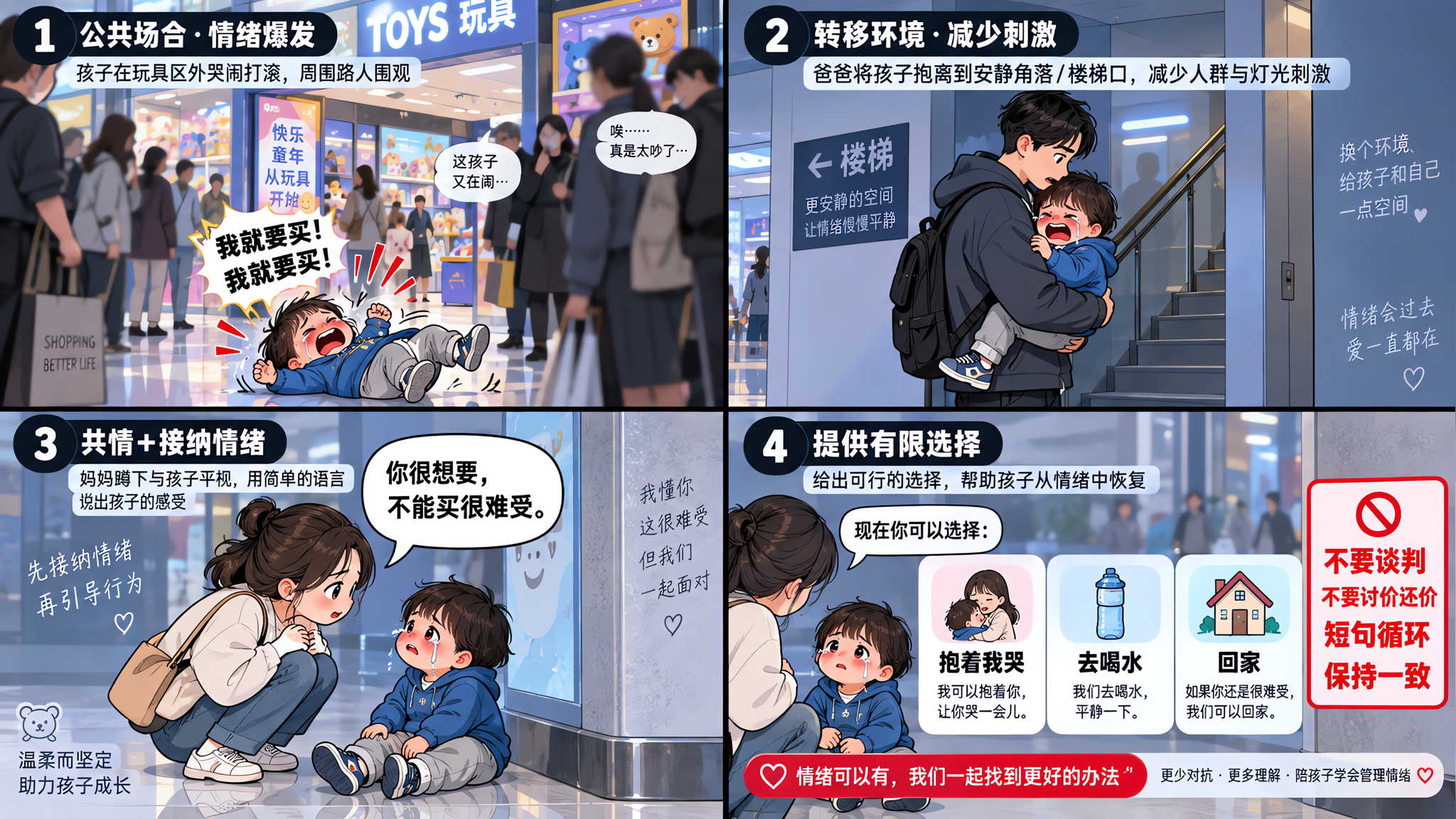四格漫画风格配图，场景为中国大型商场玩具区外的走廊与角落，人物为中国年轻父母与1-3岁中国幼儿，画面