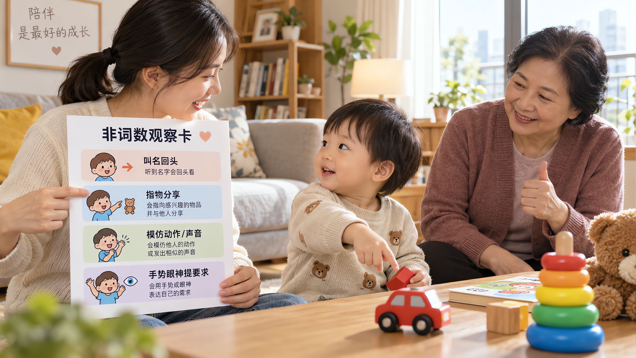 场景为中国家庭客厅，明亮整洁；人物为中国年轻妈妈和中国1-3岁幼儿，旁边有中国奶奶一起观察；妈妈手里