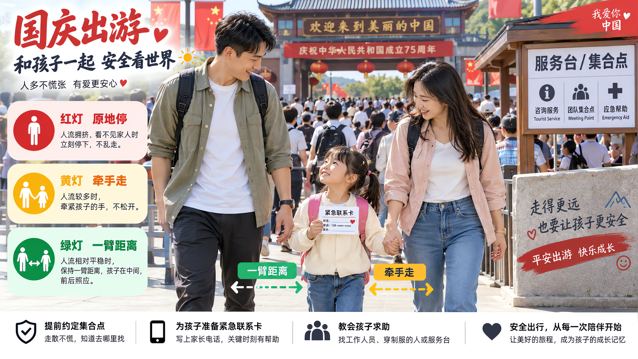 中国国庆假期景区入口的人群场景，中国年轻父母带着一名3-6岁中国儿童，父母一前一后把孩子夹在中间行走