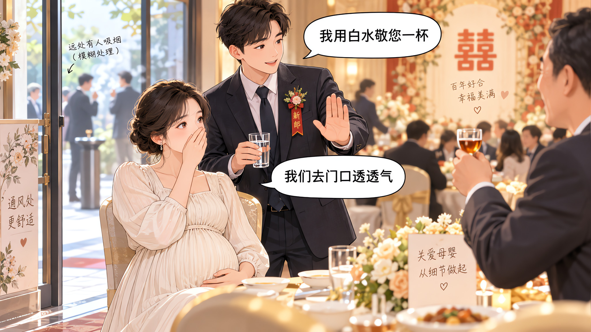 中国婚礼宴会厅场景，暖金与清爽白主色调，桌席与舞台背景虚化，一位中国年轻孕妇穿浅色连衣裙坐在靠门通风
