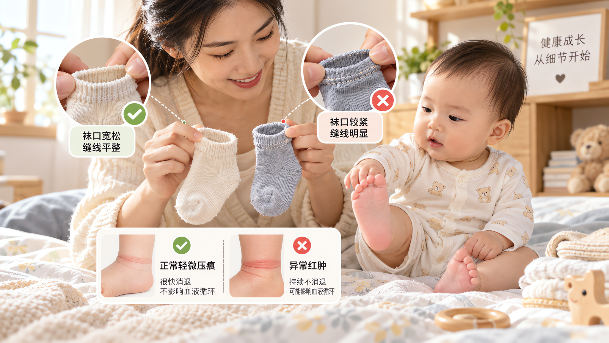 宝宝脱袜后勒痕发白红点？一张表教你处理