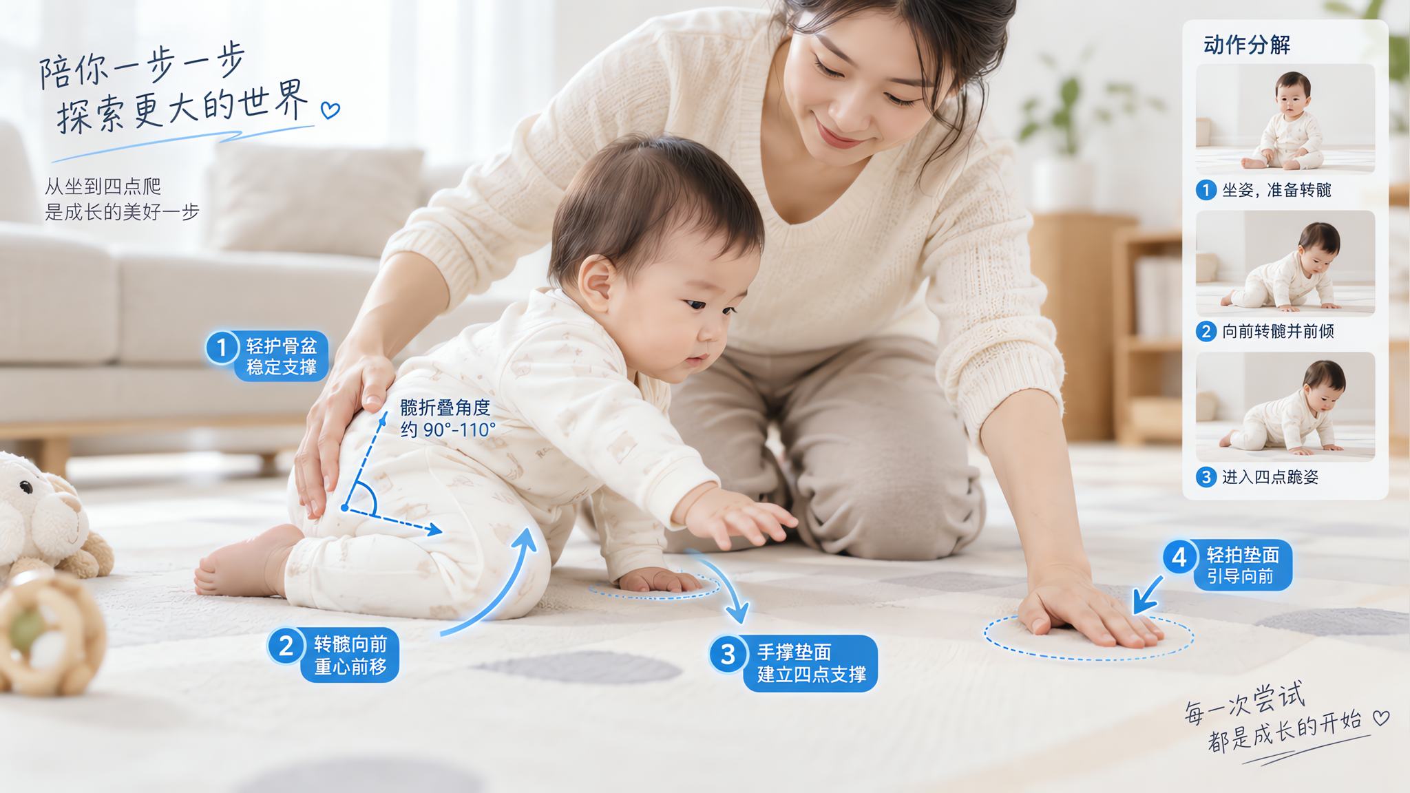 会坐不愿爬别硬练爬：先把坐转四点跪练顺