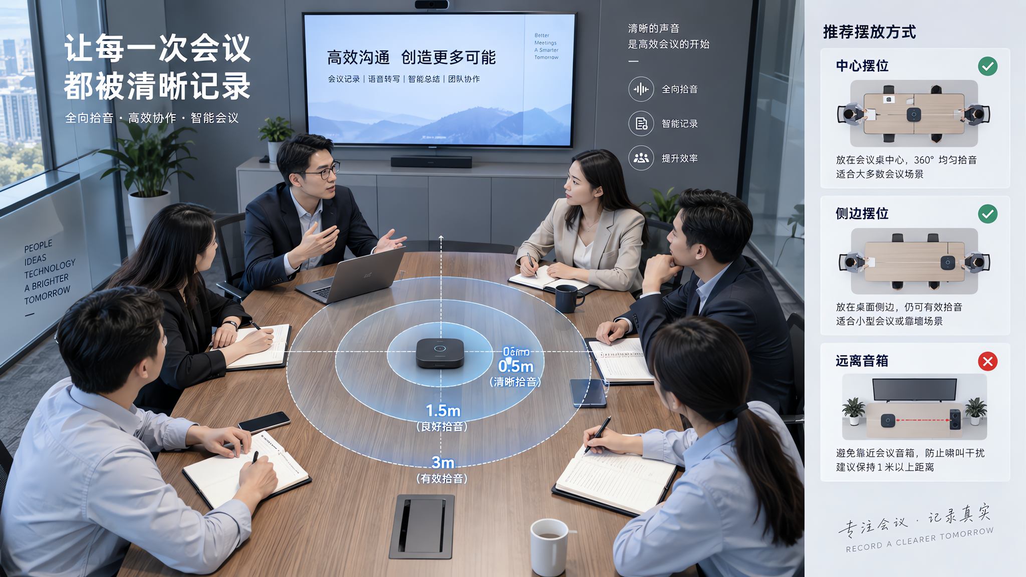 中国办公室会议室场景，一张长桌上摆放一台桌面会议录音盒子（核心主体），桌旁坐着6位中国职场人士在开会