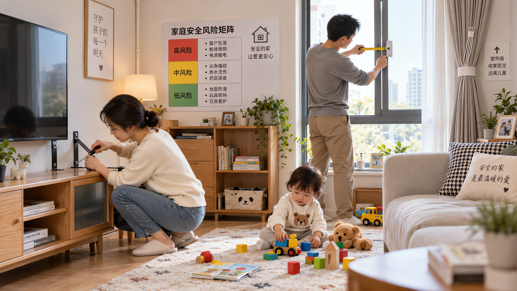 明亮整洁的中国家庭客厅场景，中国年轻父母在进行家庭安全排查，妈妈蹲下检查电视柜并安装防倾倒支架，爸爸