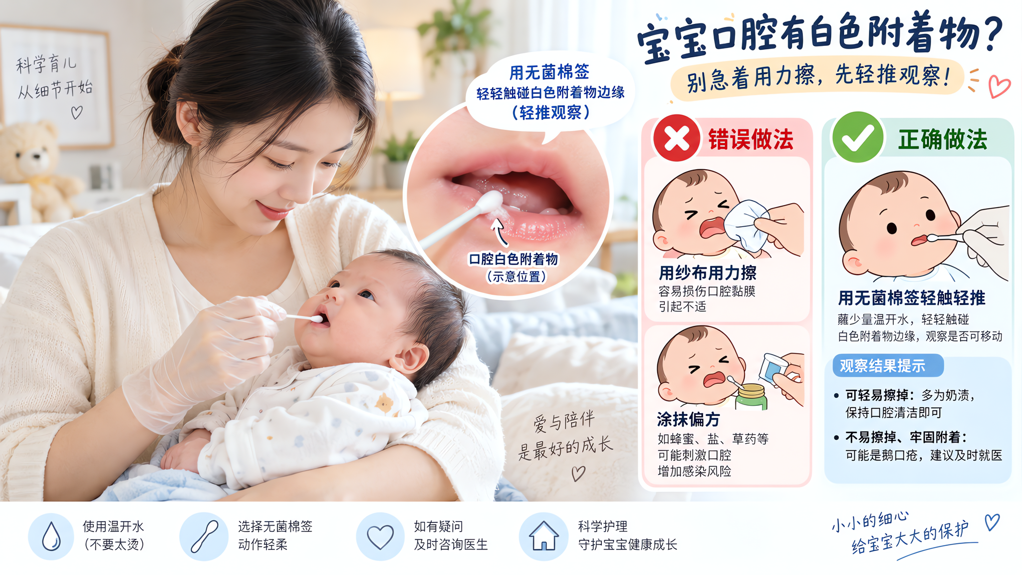宝宝嘴里白膜别硬擦：棉签轻拭先分辨